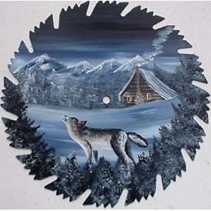  Mountain Winter Cabin and WOLF   Saw Blade Art