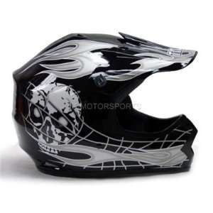   Black Silver Skull Flame Motocross Off road MX ATV Helmet (Large