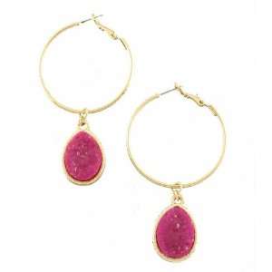   Plated Hoop Earrings with Hanging Fuschia Stone For Women Jewelry