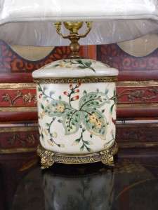 Crackled Floral Porcelain Table Lamp Antique Brass Rim  