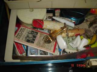 Vintage Tackle box full of lures, catalog, Hooks, reel line, bobbers 