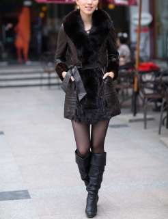 Black Brown Real Sheep Leather Mink Fur Collar Women Coat Size M L Xl 
