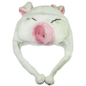  Smiley White Pig Hat with Long Fur Balls Plushy Animal Cap 
