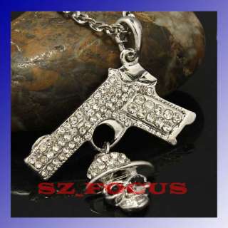 Hot Sale Gun & Skull Model Crystal Diamante Necklace Pendant Free 