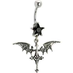  Jet Cubic Zirconia Gothic Bat Cross Belly Ring Jewelry