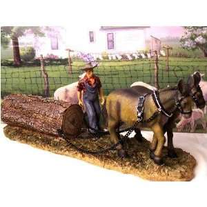  Amish Man Pulling Log W/ Mule Team