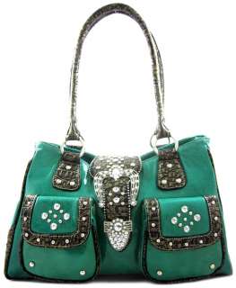   Cowgirl Rhinestone Bling Belt Buckle Front Pockets Purse Bag Turquoise