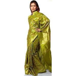 Pear Green Meenakari Sari from Banaras with All Over Flowers Woven in 