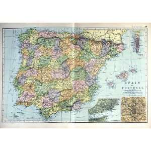  1910 Map Spain Portugal Ibiza Gibraltar Lisbon Madrid 