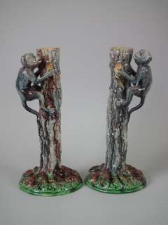 Pair Majolica Palissy monkey candlestick holders  