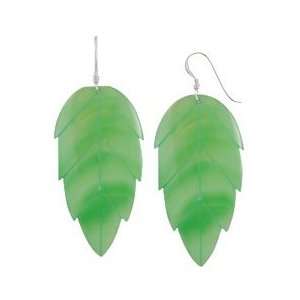   Silver Carved Green Leaf Mother of Pearl Beach Shell Earrings Jewelry