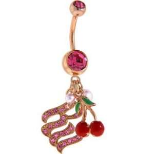  Rocawear Pink Austrian Crystal Cherries Rose Belly Ring 