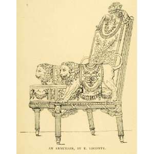  1897 Wood Engraving Leconte Wooden Armchair Lions Carved 