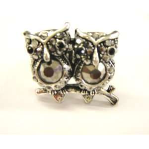   Amazing Silver Tone with Black Rhinestone Cute Double Owl Stretch Ring