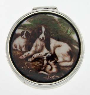 Porcelain Top Sterling Silver Pillbox w/ 3 Dogs  
