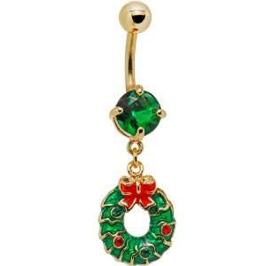  Green Gem Gold Tone Wreath Dangle Belly Ring Jewelry