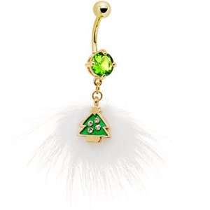    Green Gem Gold Tone Snow Christmas Tree Belly Ring Jewelry