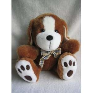   Plush Brown & White Dog with Gold and Black Plaid Bow 