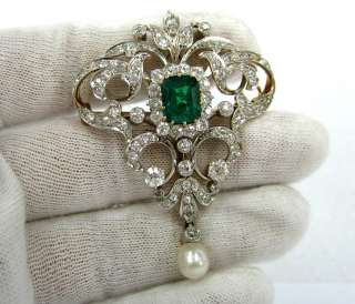 1900s Belle Époque 8.0ct Emerald Diamond & Natural Pearl Platinum 