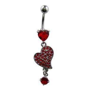  Red Dangle Crystal Large Heart CZ Dangle Belly Button 
