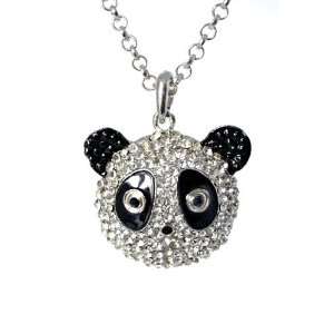  Rhinestone Encrusted Panda Face Pendant Necklace Jewelry 