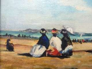 Vintage French Early Beach Scene Oil Painting Unsigned GREAT  