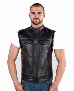 Mens Cowhide Leather Motorcycle Biker Outlaw Club Vest Gun Pocket 