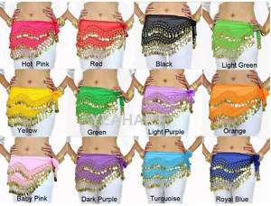 New 3 Rows Belly Dance Hip Skirt Scarf Wrap Belt Coins  