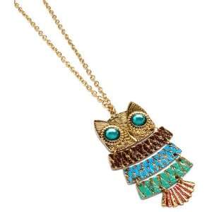 Unique X Long Blue, Purple & Red Colored Jointed Owl Charm Necklace on 