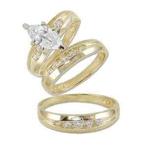 14k Yellow Gold, Trio Three Piece Wedding Ring Set Marquise Lab 