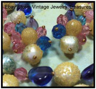   Germany Pastel Glass & Sugar Bead Gold Bib Necklace Clip Earring Set