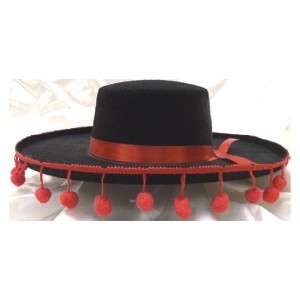 Black Felt SPANISH Hat w/ Red Pom Poms Costume OLE  