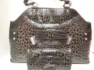 GUESS BLACK Grey Leopard Animal Print BRICKEN Satchel Tote Handbag Lg 