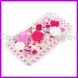 Crystal Bling Case for iPhone 4 4S Pink White Flower  