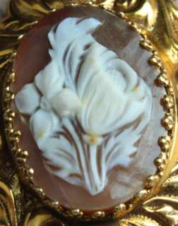 Large 14K Yellow Gold Art Nouveau Carved Shell Flower Bouquet Cameo 