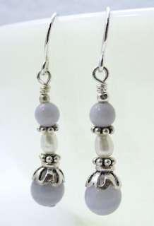 Blue Lace Agate & Pearl Silver Wire Wrap Earrings  