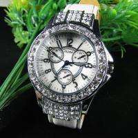 Bling Crystal New Womens White Leather Strap Watch  