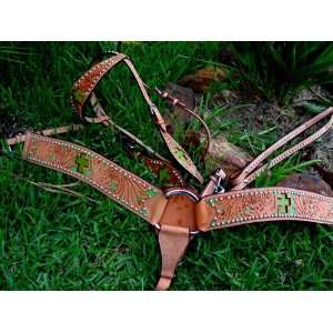  BRIDLE BREAST COLLAR WESTERN LEATHER HEADSTALL GREEN CROSS 