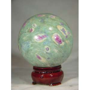 Ruby in Fuschite 2.6 Sphere with Cherry Wood Stand Lapidary Carving