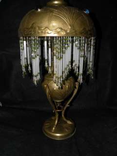 1889 ANTIQUE VICTORIAN FRENCH BRASS OIL LAMP ART GLASS FRINGE JEWELS 