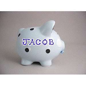  Personalized ceramic piggy bank   blue with brown polka 