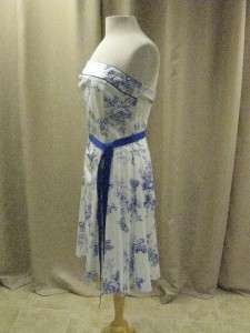 Strapless Cotton Sun Dress, Crisp White with a Cobalt Blue Floral 