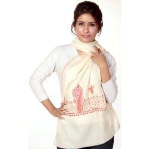  Ivory Tusha Stole Hand Embroidered in Kashmir   Pure Wool 