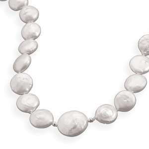  White Cultured Coin Pearl Necklace Sterling Silver 14mm 