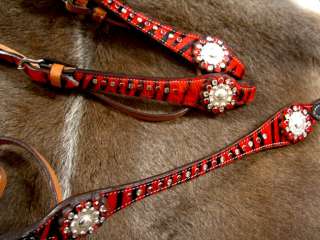 SET BRIDLE BREAST COLLAR WESTERN LEATHER HEADSTALL RED ZEBRA SILVER 