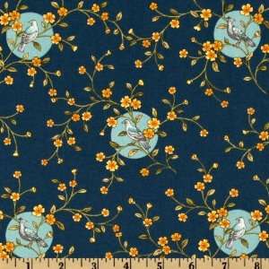  44 Wide Many Moons Flower Sprays Navy Fabric By The Yard 
