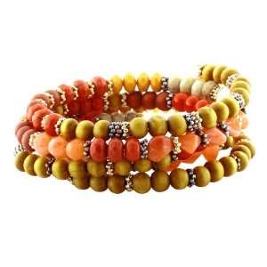 Beaded Stretch Bracelet; Wooden, Red, Coral, Mustard Yellow And Milky 