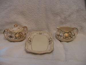 Made in Japan China Set Sugar Pot Cream Pitcher and Serving Plate Gold 