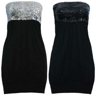 LADIES SEQUINED STRAPLESS LONG PARTY TOP SEXY EMBELISHED WOMENS MINI 