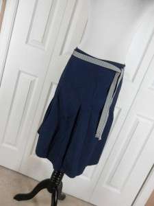 Calvin Klein Size 2 Full Pleated Skirt Navy Blue W/ Belt Cotton 
